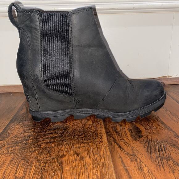 SOREL Waterproof Sz 8 Black Distressed Leather Whimsigoth Grunge Wedge Booots - Picture 7 of 12